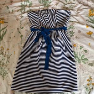 Blue/white strapless dress | UA Los Angeles